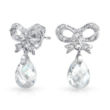 CZ Ribbon Bow Silver Dangling Earrings Jewelry with Faceted Teardrop